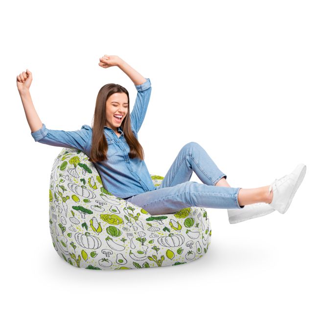 Fotoliu Units Puf Bean Bag tip para XL, impermeabil, indoor/outdoor, sac interior, cu maner, 90 x 85 x 65 cm, alb cu legume verzi BEANUNB-PR-XL-EXT-036