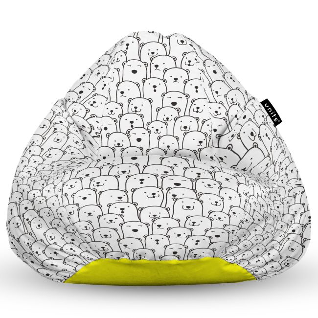 Fotoliu Units Puf Bean Bag tip para XL, impermeabil, indoor/outdoor, sac interior, cu maner, 90 x 85 x 65 cm, alb cu ursi BEANUNB-PR-XL-EXT-038