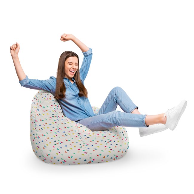 Fotoliu Units Puf Bean Bag tip para XL, impermeabil, indoor/outdoor, sac interior, cu maner, 90 x 85 x 65 cm, bej cu triunghiuri multicolore BEANUNB-PR-XL-EXT-009