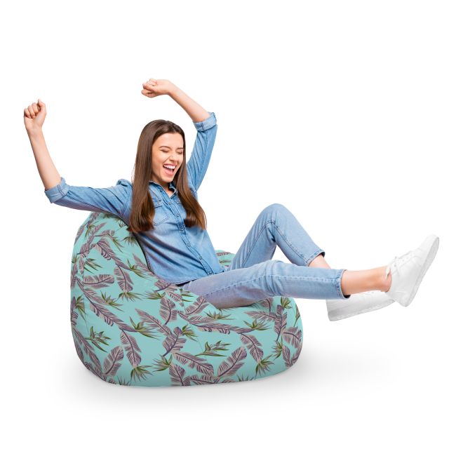 Fotoliu Units Puf Bean Bag tip para XL, impermeabil, indoor/outdoor, sac interior, cu maner, 90 x 85 x 65 cm, cian cu frunze gri BEANUNB-PR-XL-EXT-010