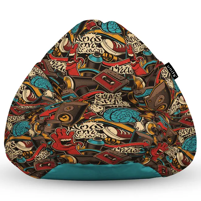 Fotoliu Units Puf Bean Bag tip para XL, impermeabil, indoor/outdoor, sac interior, cu maner, 90 x 85 x 65 cm, graffiti retro maro BEANUNB-PR-XL-EXT-095