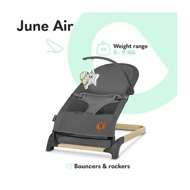 Lionelo - Fotoliu balansoar June AIR, Cu arcada cu jucarii, Ergonomic, Permite circulatia aerului, Balansare manuala, Pliabil, 0 luni+, Gri BYNLO-JUNE_AIR_GREY_STONE