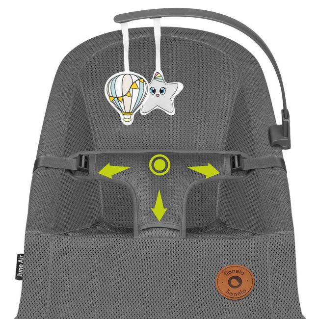 Lionelo - Fotoliu balansoar June AIR, Cu arcada cu jucarii, Ergonomic, Permite circulatia aerului, Balansare manuala, Pliabil, 0 luni+, Gri BYNLO-JUNE_AIR_GREY_STONE