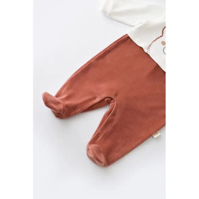 Salopeta Ursulet cu maneca lunga si botosei din 80%bumbac organic si 20% poliester - Caramiziu, Baby Cosy (Marime: 6-9 luni) JEMBC-CSYK6013-6