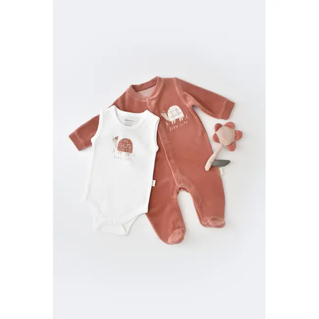 Set Broscuta cu salopeta si body din 80%bumbac organic si 20% poliester - Caramiziu, Baby Cosy (Marime: 6-9 luni) JEMBC-CSYK6022-6