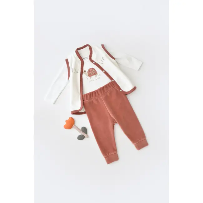 Set 3 piese Broscuta cu body, pantalonasi si vestuta din 80%bumbac organic si 20% poliester - Caramiziu, Baby Cosy (Marime: 18-24 Luni) JEMBC-CSYK6026-18