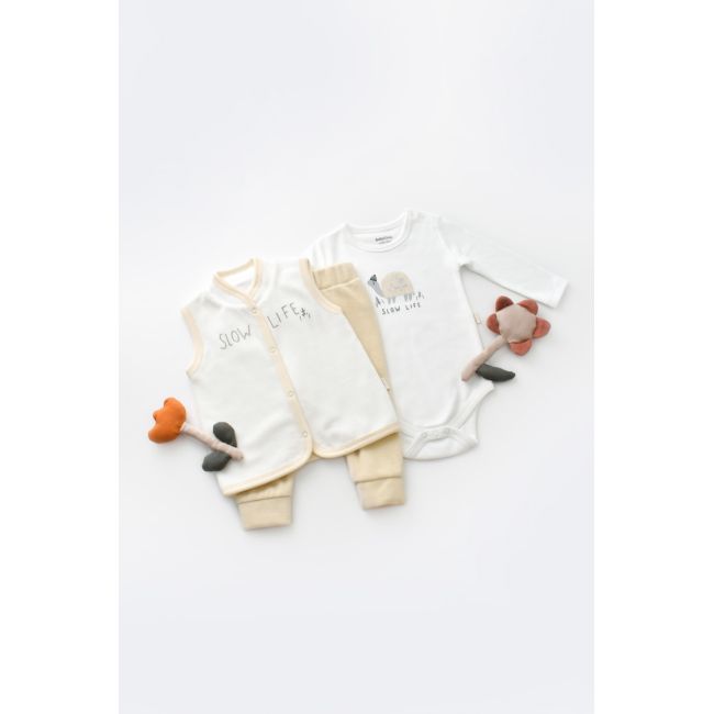 Set 3 piese Broscuta cu body, pantalonasi si vestuta din 80%bumbac organic si 20% poliester - Crem, Baby Cosy (Marime: 6-9 luni) JEMBC-CSYK6023-6
