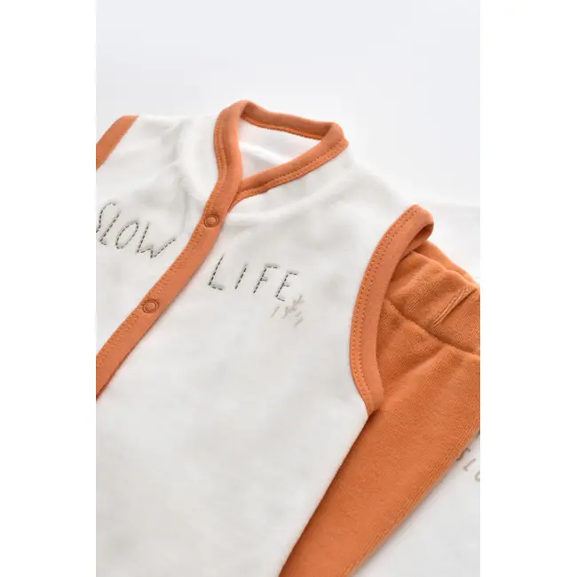 Set 3 piese Broscuta cu body, pantalonasi si vestuta din 80%bumbac organic si 20% poliester - Portocaliu, Baby Cosy (Marime: 12-18 Luni) JEMBC-CSYK6025-12