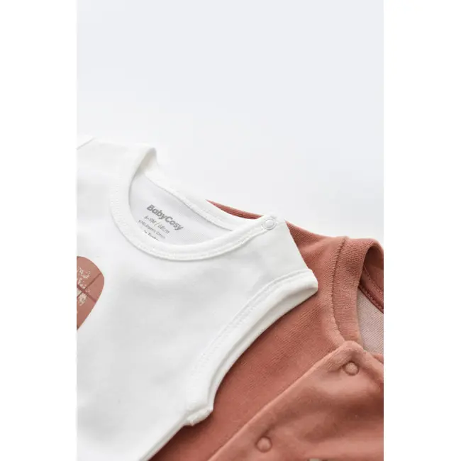 Set Broscuta cu salopeta si body din 80%bumbac organic si 20% poliester - Caramiziu, Baby Cosy (Marime: 3-6 Luni) JEMBC-CSYK6022-3