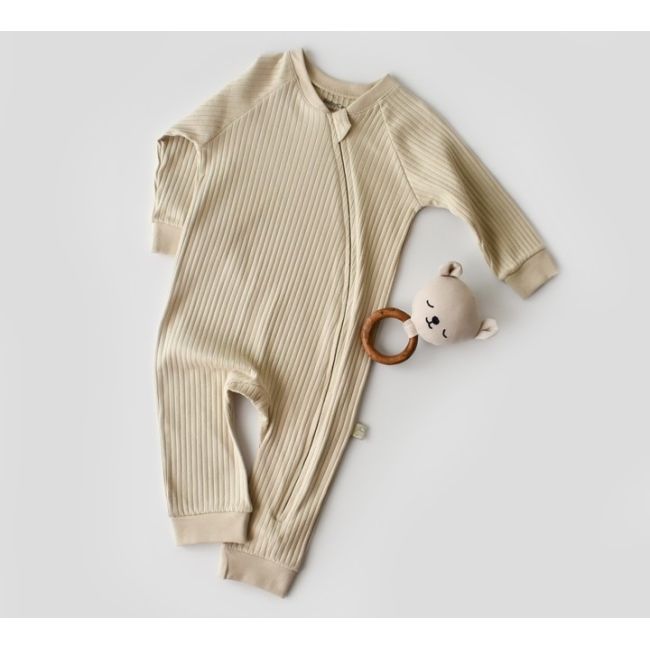 Salopeta cu fermoar cu maneca lunga si panataloni lungi din 95%bumbac organic si 5% elastan - Crem, Baby Cosy (Marime: 9-12 luni) JEMBC-CSYR4610-9