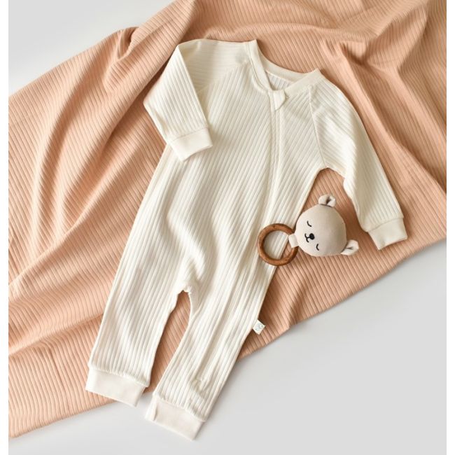 Salopeta cu fermoar cu maneca lunga si panataloni lungi din 95%bumbac organic si 5% elastan - Ecru, Baby Cosy (Marime: 6-9 luni) JEMBC-CSYR4603-6