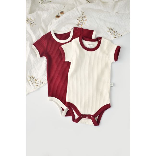 Set 2 body-uri Ribana Bebe Unisex din bumbac organic si 5%elastan - Ecru/Bordo, Baby Cosy (Marime: 12-18 Luni) JEMBC-CSYR4201-12
