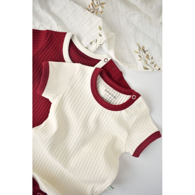 Set 2 body-uri Ribana Bebe Unisex din bumbac organic si 5%elastan - Ecru/Bordo, Baby Cosy (Marime: 12-18 Luni) JEMBC-CSYR4201-12