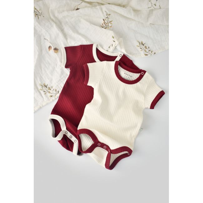 Set 2 body-uri Ribana Bebe Unisex din bumbac organic si 5%elastan - Ecru/Bordo, Baby Cosy (Marime: 12-18 Luni) JEMBC-CSYR4201-12