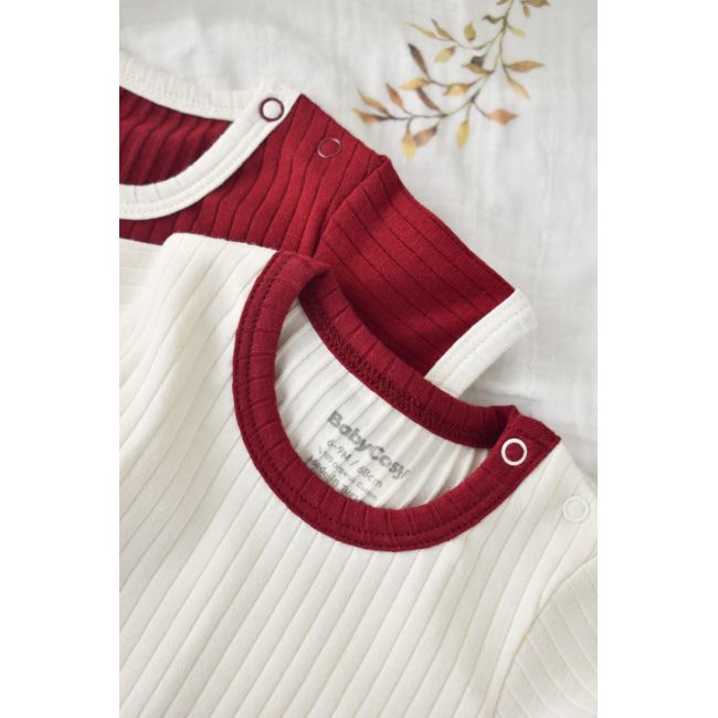 Set 2 body-uri Ribana Bebe Unisex din bumbac organic si 5%elastan - Ecru/Bordo, Baby Cosy (Marime: 12-18 Luni) JEMBC-CSYR4201-12
