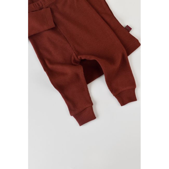 Set 3 piese: bluzita cu maneca lunga, panataloni lungi si caciulita din bumbac organic si modal - Caramiziu (Marime: 3-6 Luni) JEMBC-CSYM21501-3