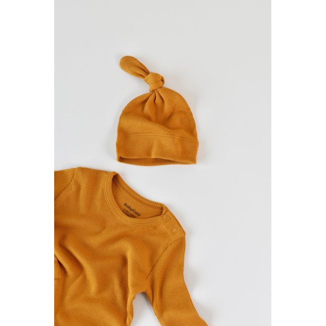 Set 3 piese: bluzita cu maneca lunga, panataloni lungi si caciulita din bumbac organic si modal - Mustar (Marime: 18-24 Luni) JEMBC-CSYM21500-18