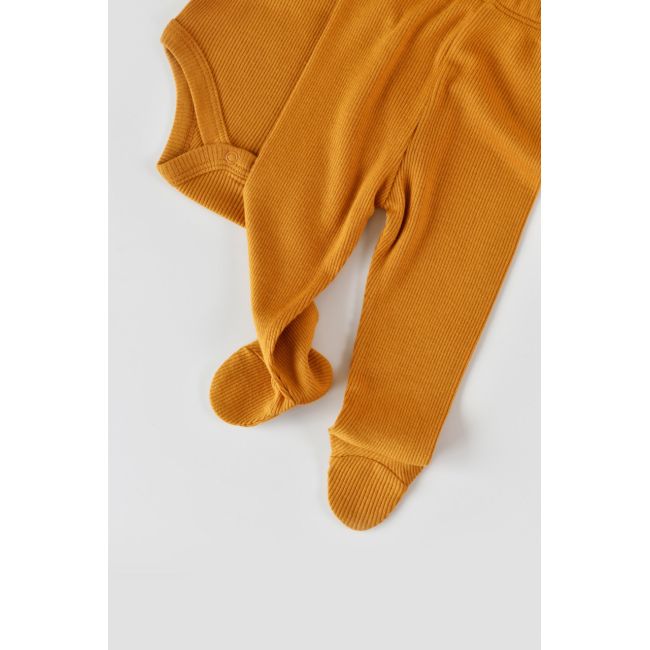 Set 3 piese: body cu maneca lunga, panataloni lungi cu botosei si caciulita din bumbac organic si modal - Mustar, Baby Cosy (Marime: 0-3 Luni) JEMBC-CSYM23500-0