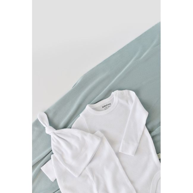 Set 3 piese: body cu maneca lunga, panataloni lungi si caciulita din bumbac organic si modal - Alb, Baby Cosy (Marime: 18-24 Luni) JEMBC-CSYM22511-18