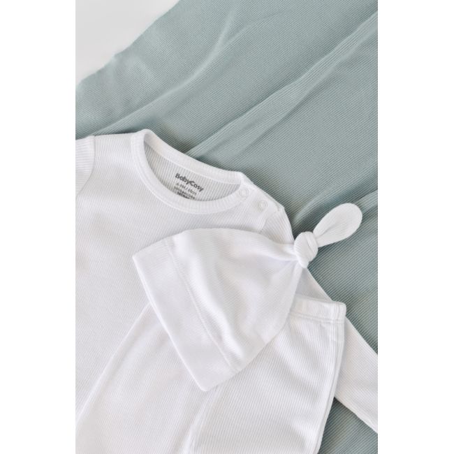 Set 3 piese: body cu maneca lunga, panataloni lungi si caciulita din bumbac organic si modal - Alb, Baby Cosy (Marime: 3-6 Luni) JEMBC-CSYM22511-3