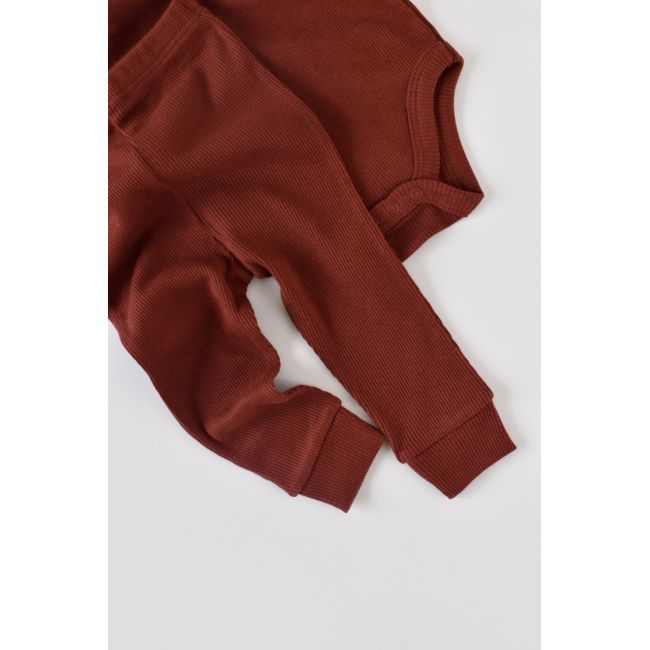 Set 3 piese: body cu maneca lunga, panataloni lungi si caciulita din bumbac organic si modal - Caramiziu, Baby Cosy (Marime: 12-18 Luni) JEMBC-CSYM22501-12