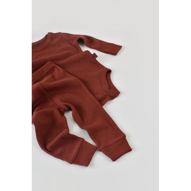 Set 3 piese: body cu maneca lunga, panataloni lungi si caciulita din bumbac organic si modal - Caramiziu, Baby Cosy (Marime: 3-6 Luni) JEMBC-CSYM22501-3