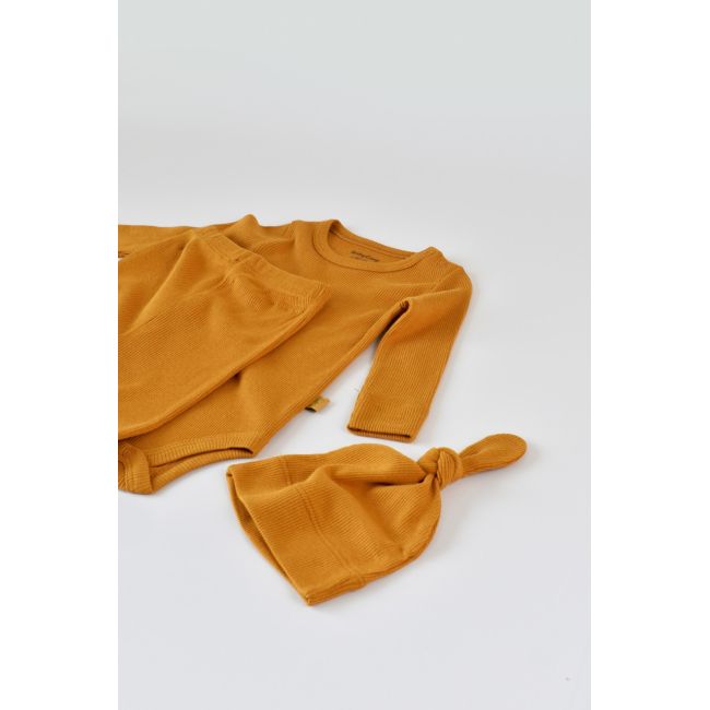 Set 3 piese: body cu maneca lunga, panataloni lungi si caciulita din bumbac organic si modal - Mustar, Baby Cosy (Marime: 18-24 Luni) JEMBC-CSYM22500-18