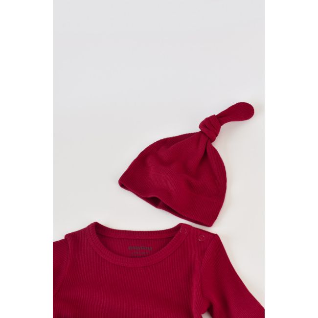 Set 3 piese: body cu maneca lunga, panataloni lungi si caciulita din bumbac organic si modal - Rosu, Baby Cosy (Marime: 12-18 Luni) JEMBC-CSYM22502-12