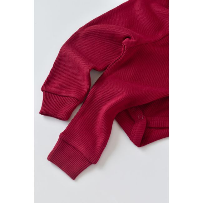Set 3 piese: body cu maneca lunga, panataloni lungi si caciulita din bumbac organic si modal - Rosu, Baby Cosy (Marime: 12-18 Luni) JEMBC-CSYM22502-12