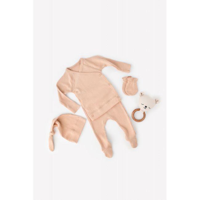 Set 4 piese: bluza, pantaloni, caciulita si manusi din bumbac organic si modal - Somon, Baby Cosy (Marime: 0-3 Luni) JEMBC-CSYM24503-0