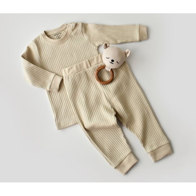 Set bluzita cu maneca lunga si panataloni lungi din bumbac organic si 5% elastan - Crem, Baby Cosy (Marime: 6-9 luni) JEMBC-CSYR4510-6