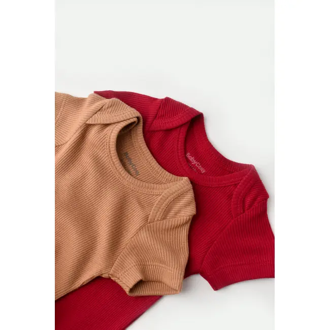 Set 2 body-uri bebe unisex din bumbac organic si modal - Maro/Rosu, Baby Cosy (Marime: 3-6 Luni) JEMBC-CSYM11211-3
