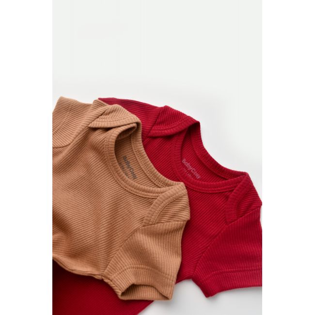 Set 2 body-uri bebe unisex din bumbac organic si modal - Maro/Rosu, Baby Cosy (Marime: 9-12 luni) JEMBC-CSYM11211-9