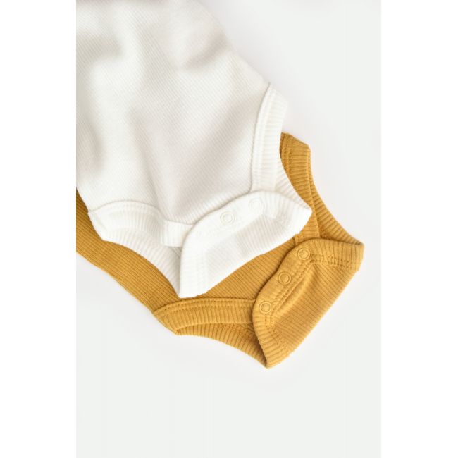 Set 2 body-uri bebe unisex din bumbac organic si modal - Mustar/Ecru, Baby Cosy (Marime: 3-6 Luni) JEMBC-CSYM11209-3