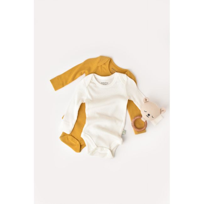 Set 2 body-uri cu maneca lunga bebe unisex din bumbac organic si modal - Mustar/Ecru, Baby Cosy (Marime: 12-18 Luni) JEMBC-CSYM11309-12