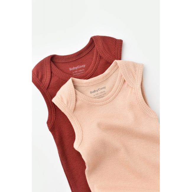 Set 2 body-uri fara maneci bebe unisex din bumbac organic si modal - Caramiziu/Somon, Baby Cosy (Marime: 18-24 Luni) JEMBC-CSYM11113-18