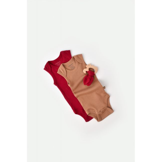 Set 2 body-uri fara maneci bebe unisex din bumbac organic si modal - Maro/Rosu, Baby Cosy (Marime: 3-6 Luni) JEMBC-CSYM11111-3