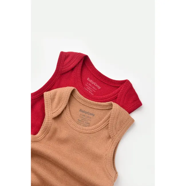 Set 2 body-uri fara maneci bebe unisex din bumbac organic si modal - Maro/Rosu, Baby Cosy (Marime: 3-6 Luni) JEMBC-CSYM11111-3