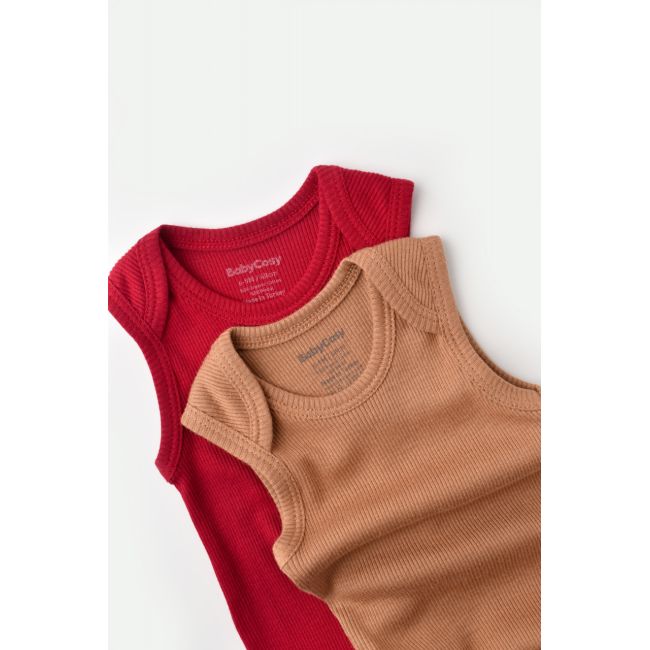 Set 2 body-uri fara maneci bebe unisex din bumbac organic si modal - Maro/Rosu, Baby Cosy (Marime: 9-12 luni) JEMBC-CSYM11111-9