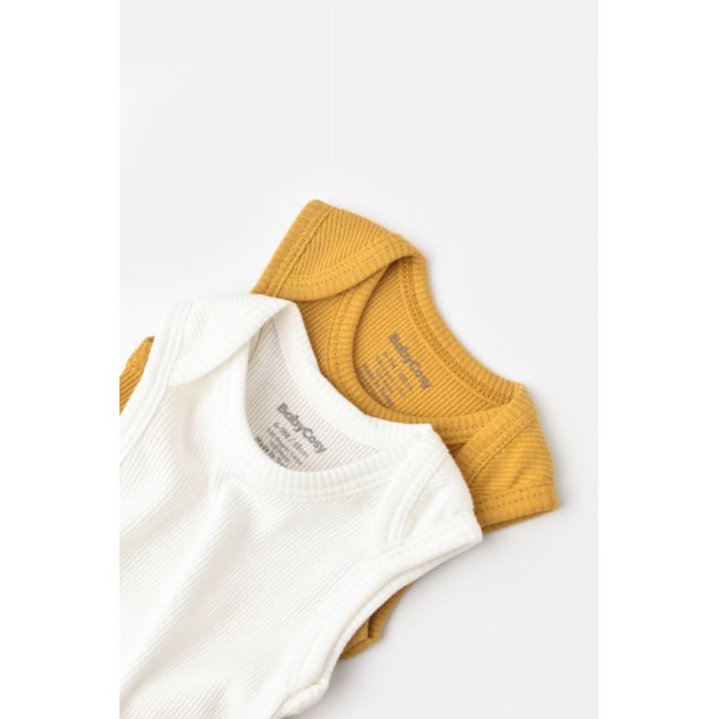 Set 2 body-uri fara maneci bebe unisex din bumbac organic si modal - Mustar/Ecru, Baby Cosy (Marime: 12-18 Luni) JEMBC-CSYM11109-12