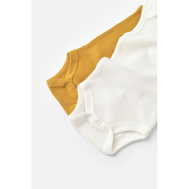 Set 2 body-uri fara maneci bebe unisex din bumbac organic si modal - Mustar/Ecru, Baby Cosy (Marime: 3-6 Luni) JEMBC-CSYM11109-3