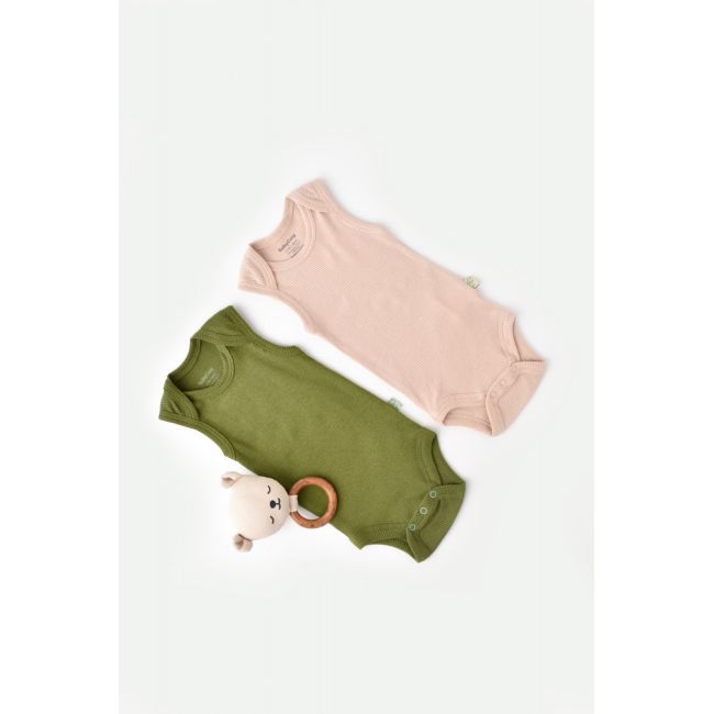 Set 2 body-uri fara maneci bebe unisex din bumbac organic si modal - Verde/Blush, Baby Cosy (Marime: 18-24 Luni) JEMBC-CSYM11112-18