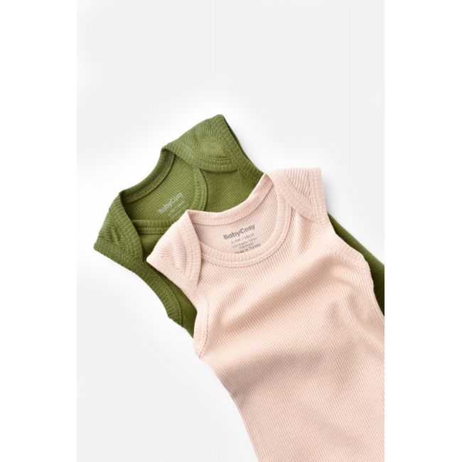Set 2 body-uri fara maneci bebe unisex din bumbac organic si modal - Verde/Blush, Baby Cosy (Marime: 9-12 luni) JEMBC-CSYM11112-9