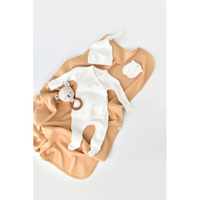 Set 4 piese: bluza, pantaloni, caciulita si manusi din bumbac organic si modal - Ecru, Baby Cosy (Marime: 6-9 luni) JEMBC-CSYM24510-6