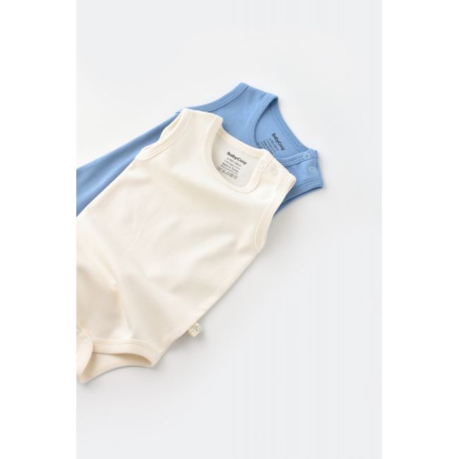 Set 2 body-uri fara maneci bebe unisex -100% bumbac organic - Ecru/Bleu, Baby Cosy (Marime: 18-24 Luni) JEMBC-CSY3018-18
