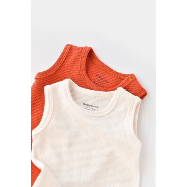 Set 2 body-uri fara maneci bebe unisex -100% bumbac organic -Scortisoara/Ecru, Baby Cosy (Marime: 12-18 Luni) JEMBC-CSYW1001-12