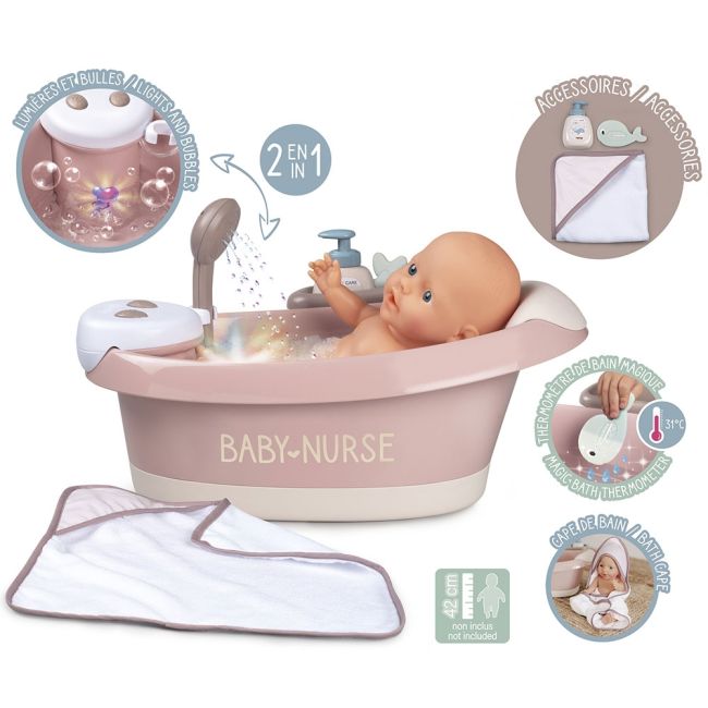 Cadita pentru papusa smoby baby nurse baleno bath roz cu accesorii hubs7600220368
