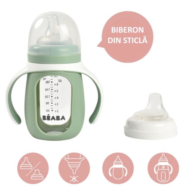 Biberon de invatare 2 in 1 din Sticla Beaba 210 ml Sage Green ERF3384349135379