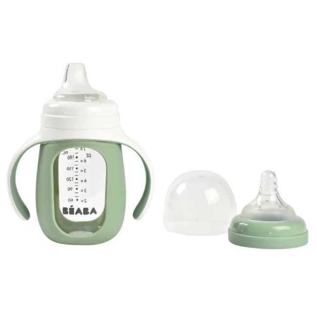Biberon de invatare 2 in 1 din Sticla Beaba 210 ml Sage Green ERF3384349135379