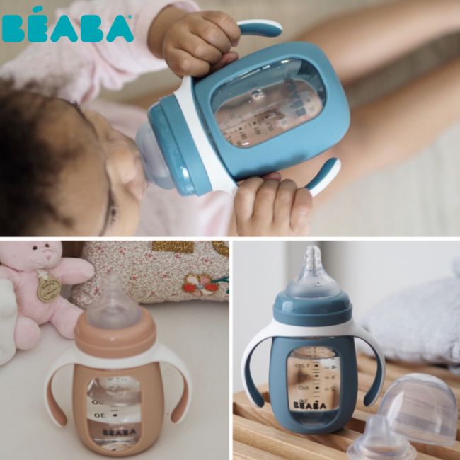 Biberon de invatare 2 in 1 din Sticla Beaba 210 ml Sage Green ERF3384349135379